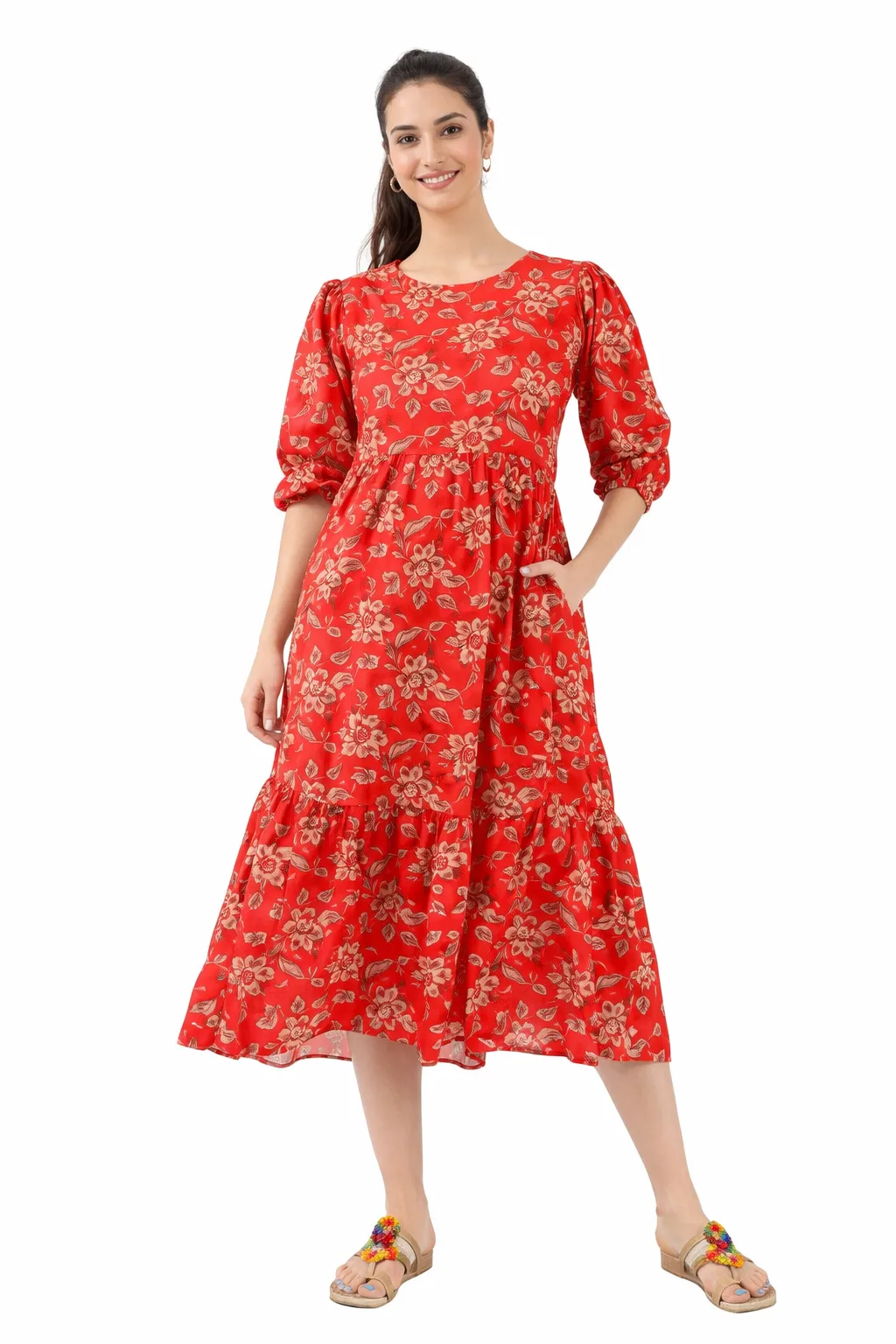 Women's Sage Red cotton voile Dress (lined)with Pockets view 2